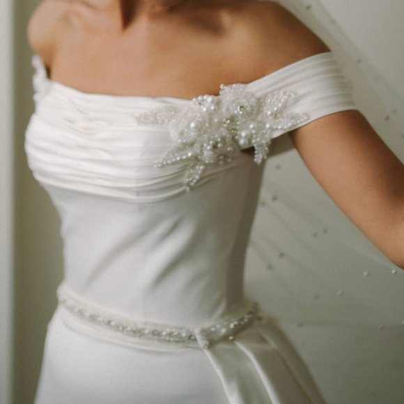 Sima Couture Satin Off the Shoulder Wedding Dress - Picture 5 of 5